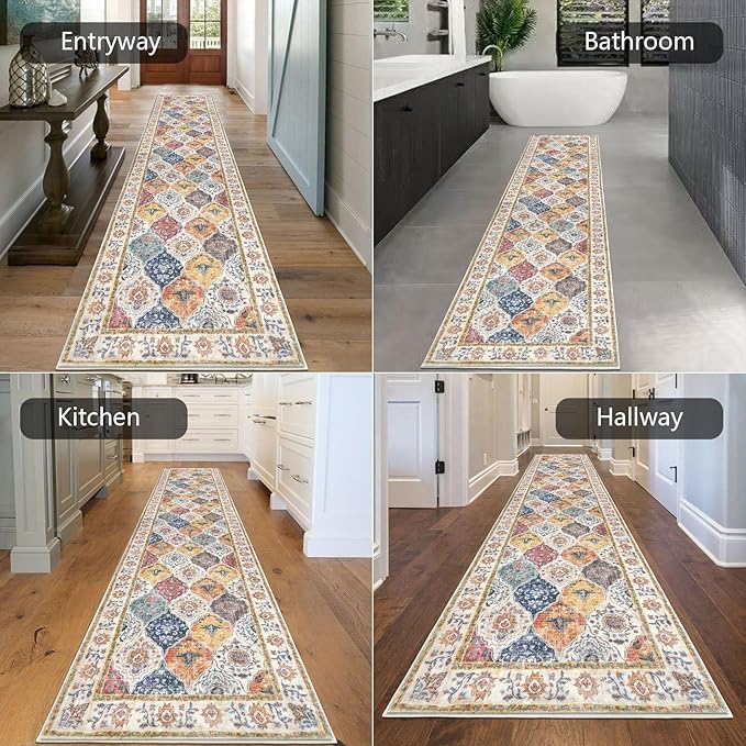 HEBE Hallway Runner Rug 2'8''x12' Washable Vintage Distressed Area Rugs Non Slip Laundry Rug Runner Boho Floor Carpet Runners for Hallways Entryway Laundry Room Kitchen Bathroom