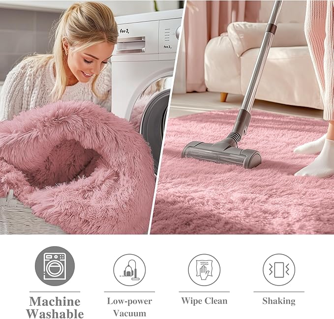 OLANLY Pale Pink Round Rugs for Bedroom - Machine Washable, 7x7 Feet Circle Area Rugs for Living Room, Soft and Fluffy Shaggy Carpet for Teen Girls and Boys, Dorms, Nursery Rooms, Home Decor Aesthetic