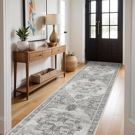 RUUGME Hallway 3x12 Runner Rugs - Boho Rugs for Living Room Stain Resistant Vintage Carpet Tribal Rugs for Bedroom Kitchen Bathroom Non Slip Backing Decor Floor Decoration Mat 3x12 Grey