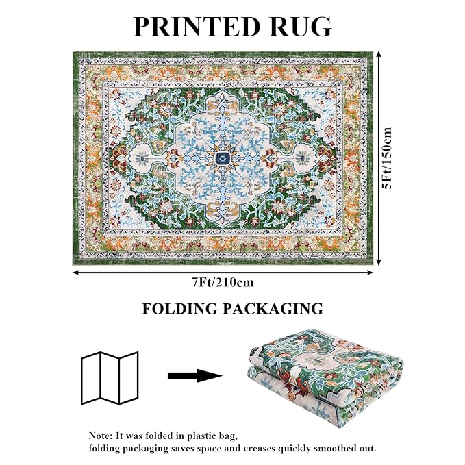 U'Artlines Boho Vintage Area Rug 5x7 Machine Washable Low Pile Soft Floor Carpet Non Slip Non Shedding Accent Rug for Living Room Bedroom Entryway Dining Room Office Green