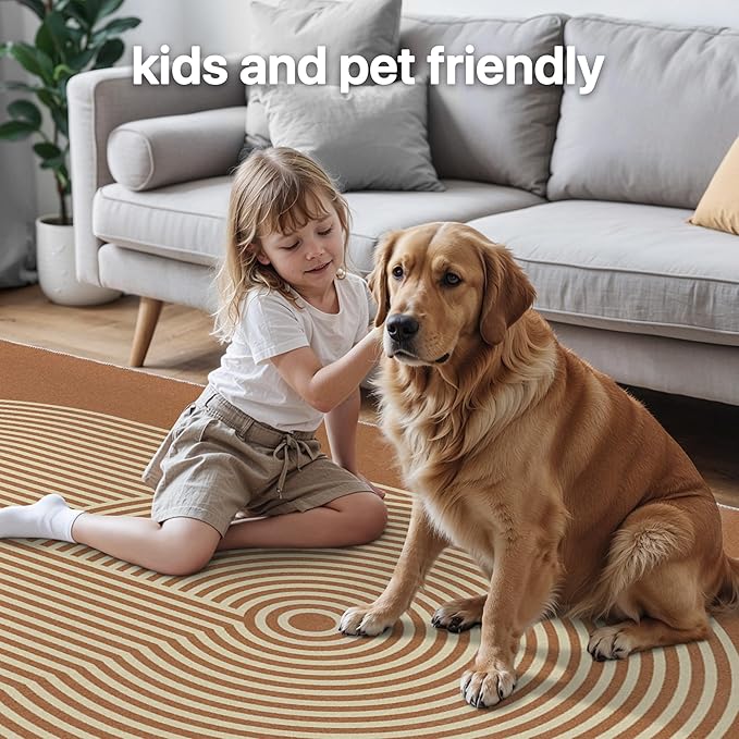 Bavni Area Rugs 8x10, Modern Soft Bedroom Rug, Machine Washable Rug Non Slip, Abstract Low Pile Large Rugs for Living Room, Dining Room, Orange Beige Lines