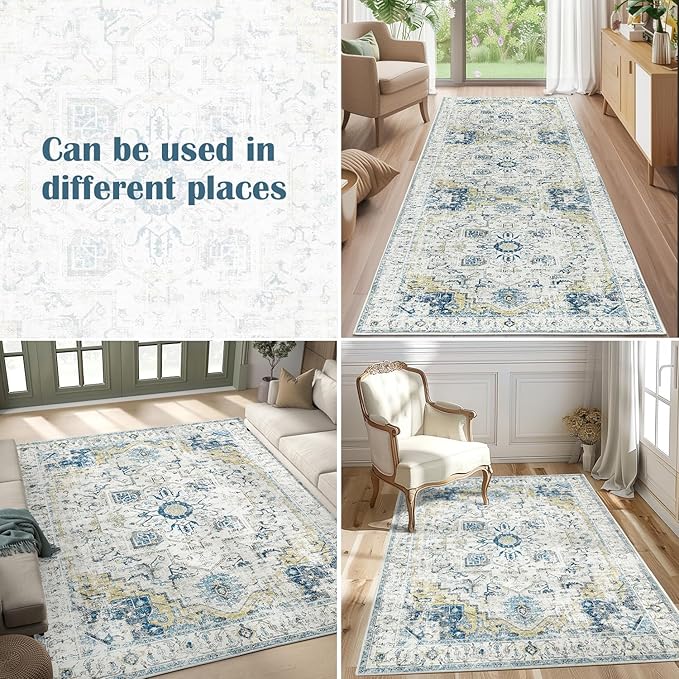 jinchan Runner Rug 2x7 Hallway Rug Kitchen Washable Runner Vintage Mat Retro Lightweight Non-Slip Floor Cover Distressed Thin Carpet for Entryway Bathroom Bedroom Laundry Room Stairway Light Blue