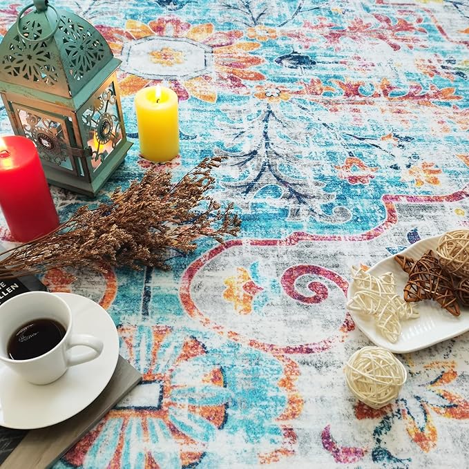 8x10 Area Rugs - Bohemian Area Rug for Bedroom | Non slip and Ultra Soft Machine Washable Rug for Indoor & Outdoor Use | Boho Rug for Living Room, Dining Room and Home Décor - Blue and Multi