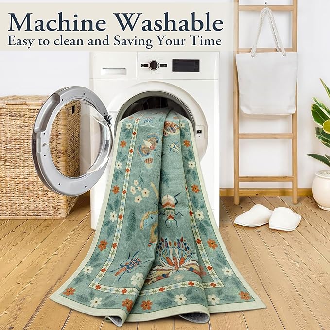 Lahome Insect Washable Runner Rug, 2x6 Kitchen Runners for Hallways 6 Feet Non Slip, Soft Laundry Room Rug Ultra-Thin Long Carpet for Bathroom Bedroom Entryway, Green