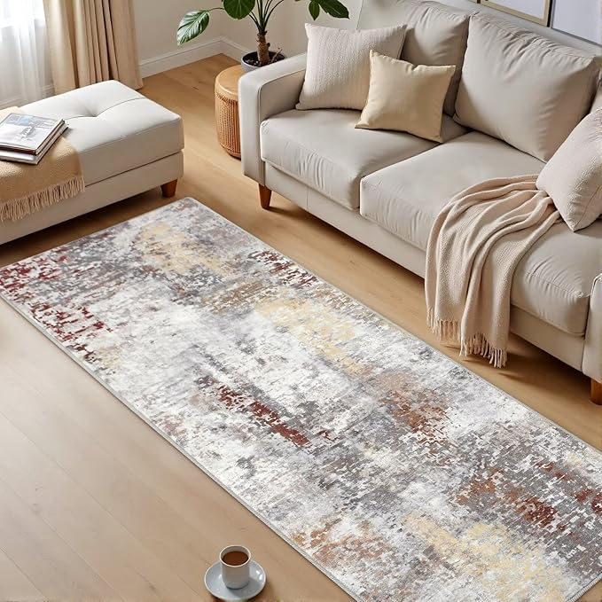 Washable Abstract Runner Rug, 2x6 Modern Area Rugs with Non-Slip Rubber Backed for Kitchen, Thin but Soft Contemporary Carpet Bedroom Entryway Hallway Decor, Rusty Brown
