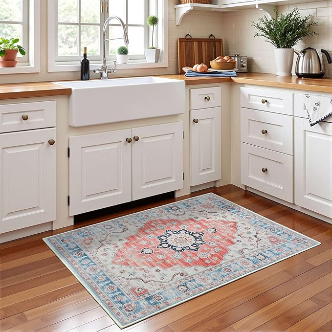 Vintage Entryway 2x3 Rug, Machine Washable Small Medallion Area Rug, Soft Non-Slip Stain Resistance Boho Throw Rugs, Low-Pile Indoor Door Mat for Kitchen Bedroom Hallway Entry, Red Blue