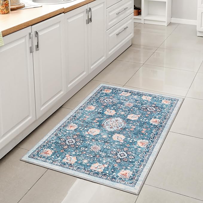 2x3 Area Rugs Washable Boho Rug, Non Slip Carpet for Living Room, Bedroom, Kitchen, Soft Low-Pile, Indigo/Floral