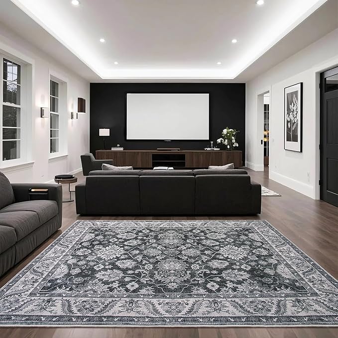 Area Rugs for Living Room, 4x6 Washable Rugs for Bedroom, Non-Slip Retro Floral Carpet for Entryway Office Kitchen Dining Room, Grey