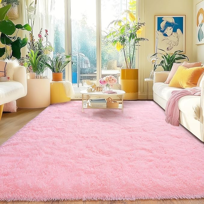 Pink Area Rugs 6x9, Anti-Skid Shaggy Fluffy Throw Carpets, Ultra Soft Plush Modern Indoor Fuzzy Floor Rug for Living Room Bedroom Kids Room Nursery Dorm Home Decor Aesthetic