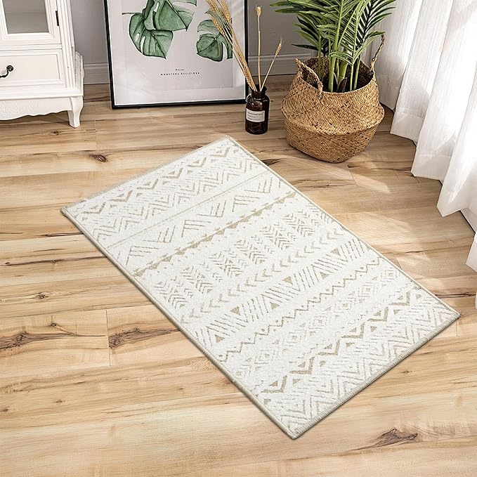 RYB HOME Machine Washable 2x3 Jacquard Door Rug, Non Slip 3D Textured Geometric Tufted Carpet for Entry Door, None Shedding Area Rug for Kitchen Bathroom Hallway, Beige