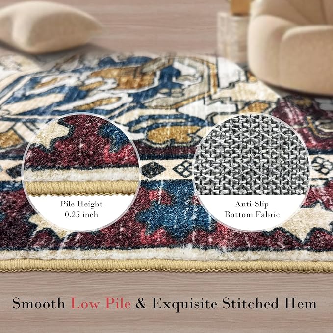 Washable Area Rugs - Perfect for Living Room, Bedroom, Kids Room, Nursery - Stain & Water Resistant Non-Slip, Pet & Child Friendly, Vintage Tribal Area Rugs (Rust and Bule, 2'6'' x 8')