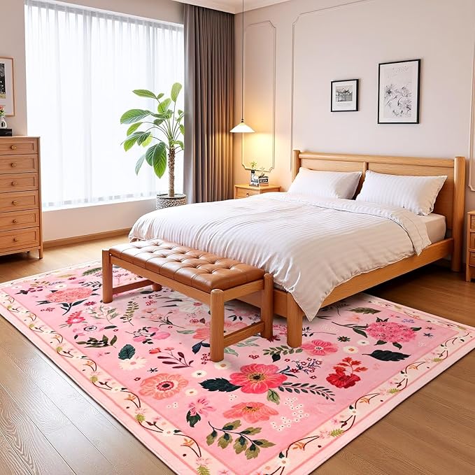 5x7 Pink Floral Rug for Living Room, Machine Washable Area Rugs with Non Slip Backingfor Girls Bedroom, Cute Flowers Carpet Kitchen Dining Room Kids Playroom Decor