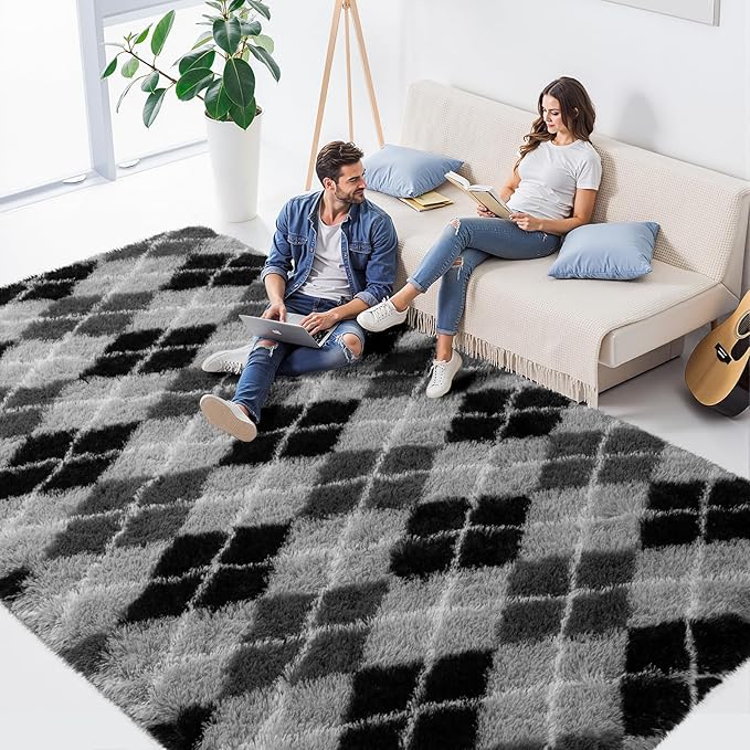Zentavio Area Rugs for Living Room Large Rugs for Bedroom 6x9 Carpet Fluffy Fuzzy Soft Shag Aesthetic Plush High Pile Gray Throw Rug for Nursery Kids Room Dorm Diomond Black