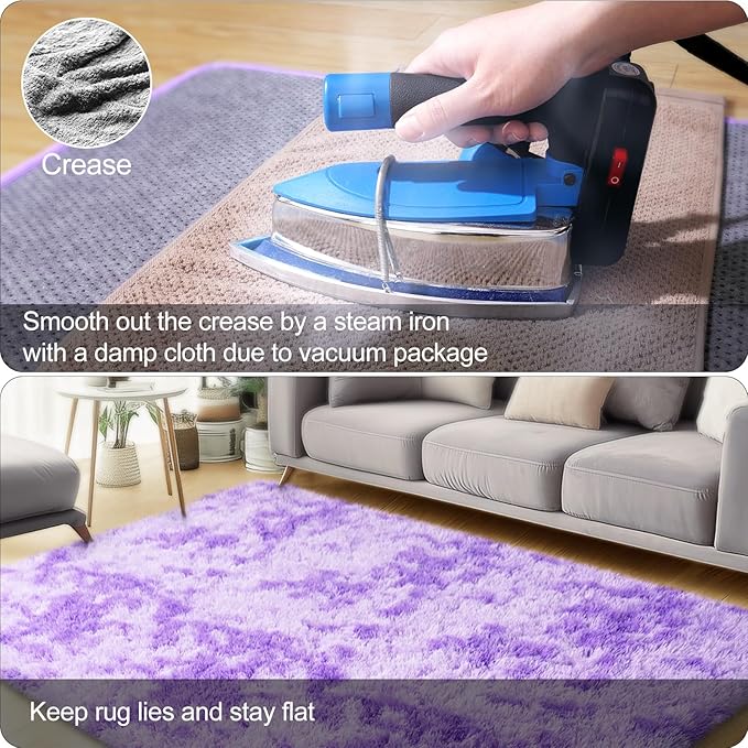 2x3 Rug for Bedroom, Fluffy Area Rugs for Living Room, Small Soft Shag Fuzzy Shaggy Carpets for Kids Boys and Girls Dorm with 4 Non-Slip Rug Tapes for Room Home Decor (2ftx3ft, Tie-Dyed Purple)