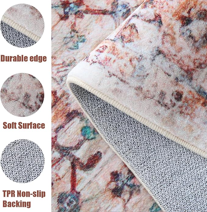 Yancorp 2'x3' Boho Throw Rug for Bedroom Non Slip Washable Rug Vintage Carpet Small Rug for Entrance Indoor Floor Mats Bedroom Kitchen Entryway Rug Bath Rug Orange