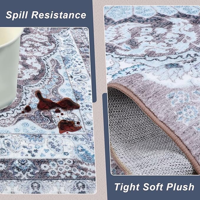 2x3 Small Area Rug for Entryway, Soft Washable Rugs with Non-Slip Backing for Bedroom Kitchen, Vintage Throw Carpet Laundry Entry Door Decor, Blue & Brown