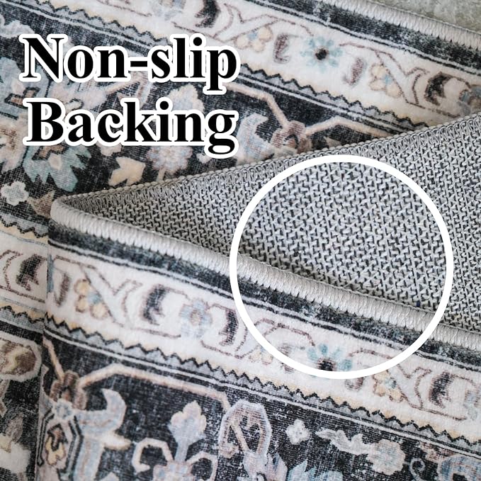Washable Area Rug 5x7 - Bedroom Living Room Indoor Rugs Soft Oriental Vintage Rugs with Non-Slip Backing Stain Resistant Thin Rug for Farmhouse Kitchen (Slate Grey/Black 5x7)