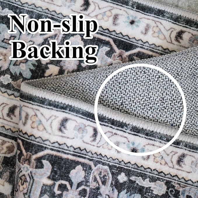 Washable Area Rug 9x12 - Bedroom Living Room Large Indoor Rugs Soft Vintage Oriental Rugs Non-Slip Backing Stain Resistant for Farmhouse Kitchen (Slate Grey/Black 9x12)