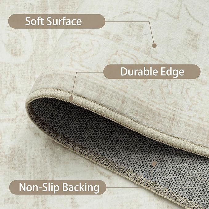 Washable Rugs 8x10 Area Rugs, Soft Vintage Living Room Rug with Anti-Skid Backing Stain Resistant Thin Indoor Carpet Large Area Rug for Bedroom Under Dining Room Table Nursery Entryway-Beige