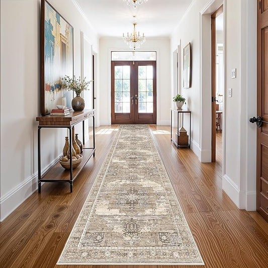 RUUGME Washable 3X14 Runner Rugs - Large Boho Rugs for Living Room Stain Resistant Carpet Vintage Tribal Rugs for Bedroom Kitchen Bathroom Non Slip Backing Home Decor Floor Decoration Mat 3X14 Beige