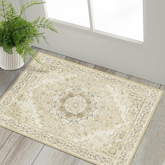 Washable Area Rug 2x3 Boho Entryway Rug Non Slip Small Vintage Rug for Entryway Door Mat Oriental Distressed Low-Pile Floor Carpet for Indoor Front Entrance Kitchen Bathroom Hallway, Beige