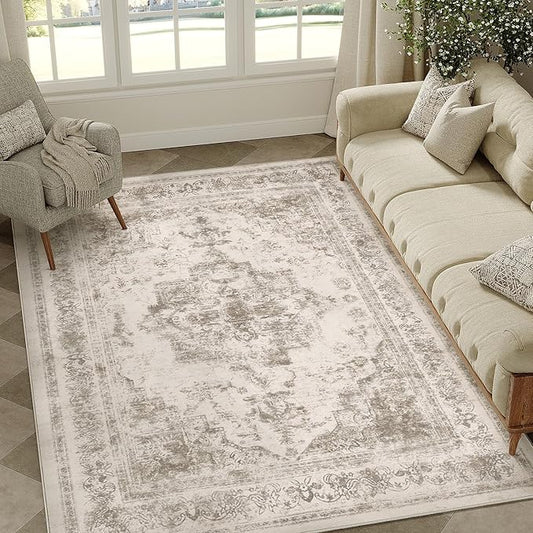 Area Rug 4x6 Washable Taupe Rug Vintage Boho Medallion Entryway Door Mat Distressed Retro Carpet Non Slip Low Pile Small Soft for Office Kitchen Bedroom Laundry Bathroom Hallway
