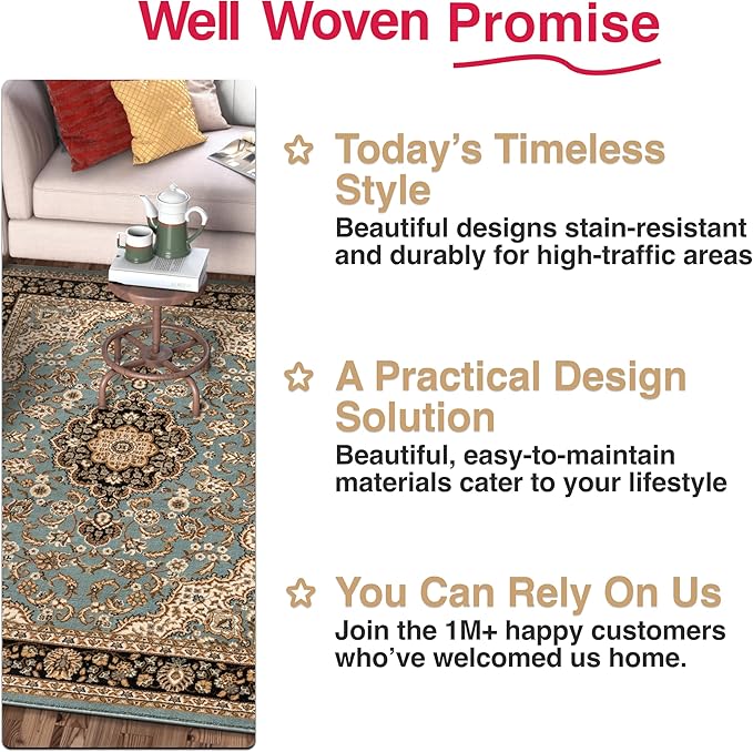 Well Woven Barclay Collection Medallion Kashan Light Blue 4 ft Round Rug - for Entryways, Small Bedrooms, Living Rooms