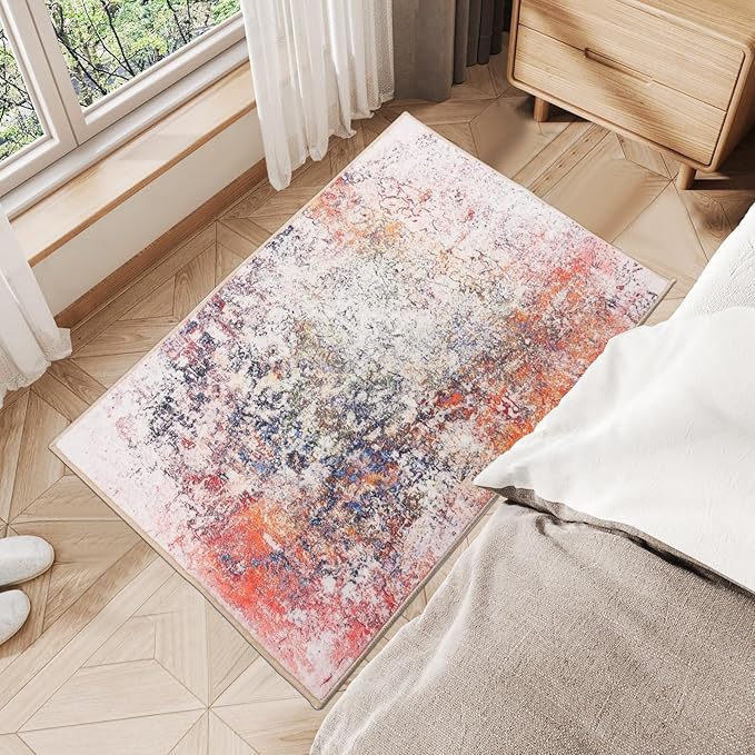 2x3 Rug Washable Boho Rug Soft Small Area Rug Non-Slip Doormat Faux Wool Abstract Rug Low Pile Indoor Throw Rug for Kitchen, Floor, Entryway