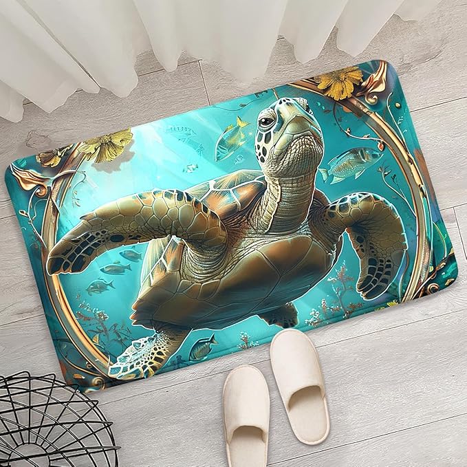 Sea Turtles Rug - Seafloor Turtle Area Rug for Kids 35" L x 23" W Fish Ocean Life Turtles Carpet Rugs for Bedroom Living Room Kids Room Decor