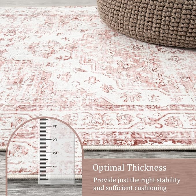 Morebes Boho 5x7 Pink Rugs for Bedroom Girls, Soft Low Pile Nursery Rug Washable Carpet for Living Room, Neutral Non Slip Indoor Floor Carpet for Kids Room Playroom Dining Room