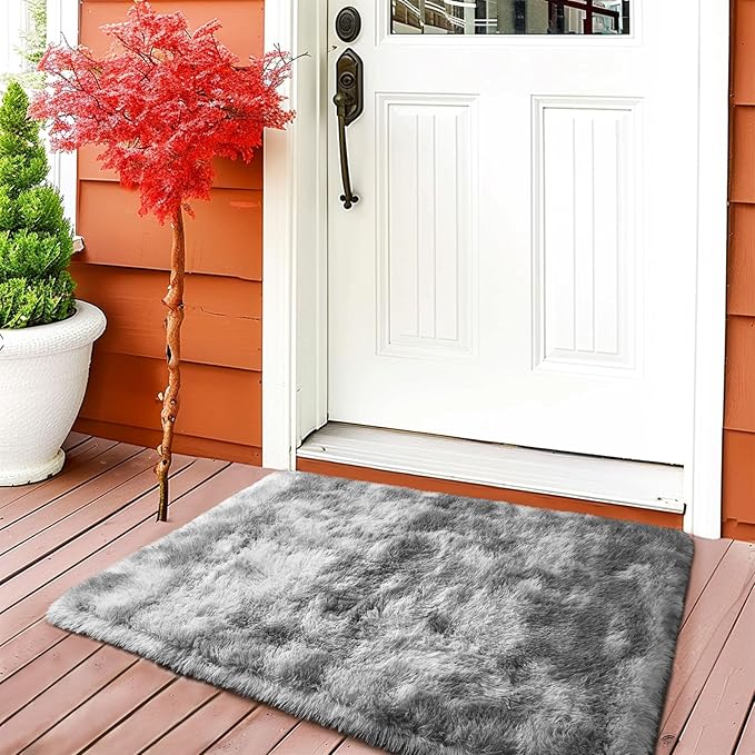 Shaggy Soft Fluffy Rug Non-Slip Indoor Floor Carpet for Living Room Anti-Skid Indoor Plush Carpet for Living Room, Height Pile 1.4" Plush Rug Tie-Dyed Light Grey 2x3 Feet