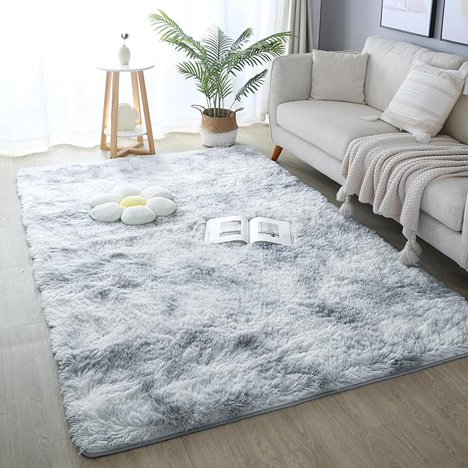 6x9 Light Grey Fluffy Shag Area Rug for Bedroom, Soft Plush Fuzzy Washable Non Slip Carpet for Living Room, Modern Comfy Furry Shaggy Large Rug for Kids Baby Boys Nursery Dorm, Tie-Dye Gray