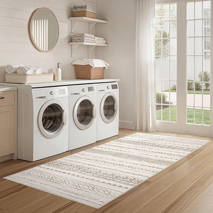 Runner Rug Kitchen Washable Rugs: 2x6 Non-Slip Boho Soft Modern Stain Resistant Indoor Floor Neutral Farmhouse Throw Carpet for Hallway Bathroom Laundry Room Entryway Bedroom- Brown