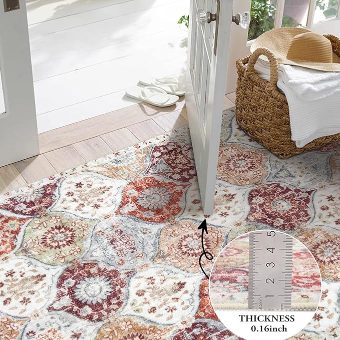 Lahome Moroccan Trellis Hallway Rug, 2x5 Washable Runner Rug Non Slip Kitchen Runners for Hallways, Ultra-Thin Vintage Carpet for Bedroom Bathroom Entryway, Orange/Terracotta