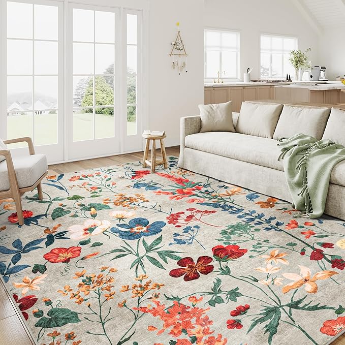 Beige Area Rug 6x9 Floral Washable Living Room Kitchen Boho Carpet Non Slip Low Pile Indoor Accent Lightweight Soft Throw Rug for Bedroom Office Dining Room Nursery Farmhouse