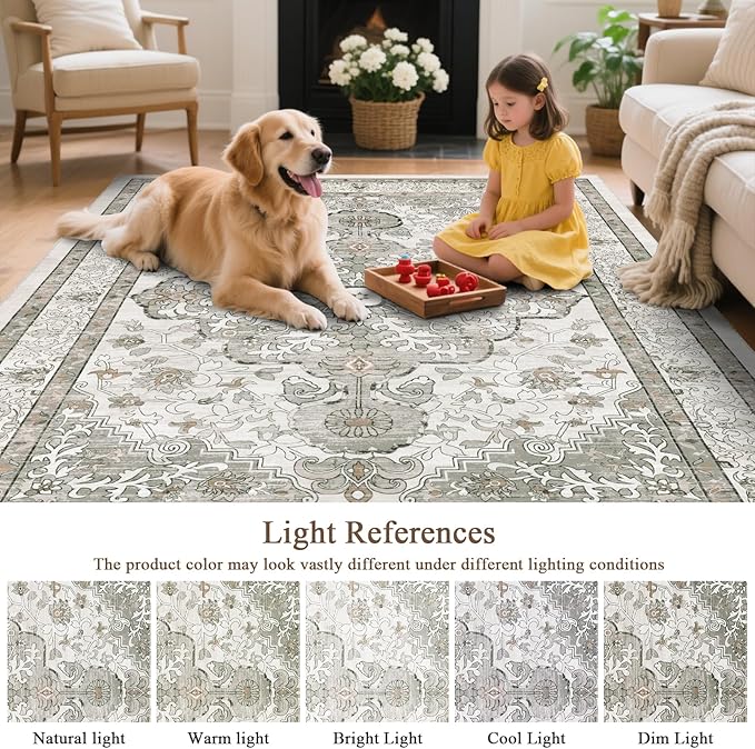U'Artlines Boho Vintage Area Rug 5x7 Machine Washable Low Pile Soft Floor Carpet Non Slip Non Shedding Accent Rug for Living Room Bedroom Entryway Dining Room Office Grey Taupe