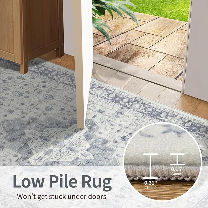 4x6 Washable Area Rug for Living Room, Vintage Boho Rugs for Office, Dining Room, Kids Room, Farmhouse, Durable Low Pile Non Slip Carpet for High Traffic Areas, Blue Quartz