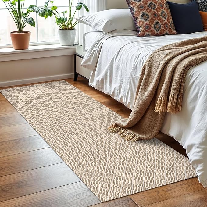 KOZYFLY Runner Rug 2x6 Ft Washable Runners for Hallways Non Slip Rubber Backed Kitchen Runners, Cotton Entryway Runner Indoor, Floor Carpet for Hallway Kitchen Entryway Bedroom, Tan/Beige