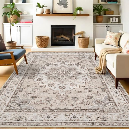 Washable 8x10 Large Area Rug: Oriental Stain Resistant Rugs for Living Room Medallion Non-Slip Carpet for Dining Room Soft Distresses Floor Mat for Bedroom Home Office 8x10 Cream/Beige