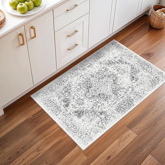 Washable 2x3 Entryway mat - Small Indoor Area Rug for Entrance with Vintage Non-Slip Low-Pile Traditional Medallion Indoor Rug with Stain Resistant Accent Distressed Carpet Thin Rug (Grey)
