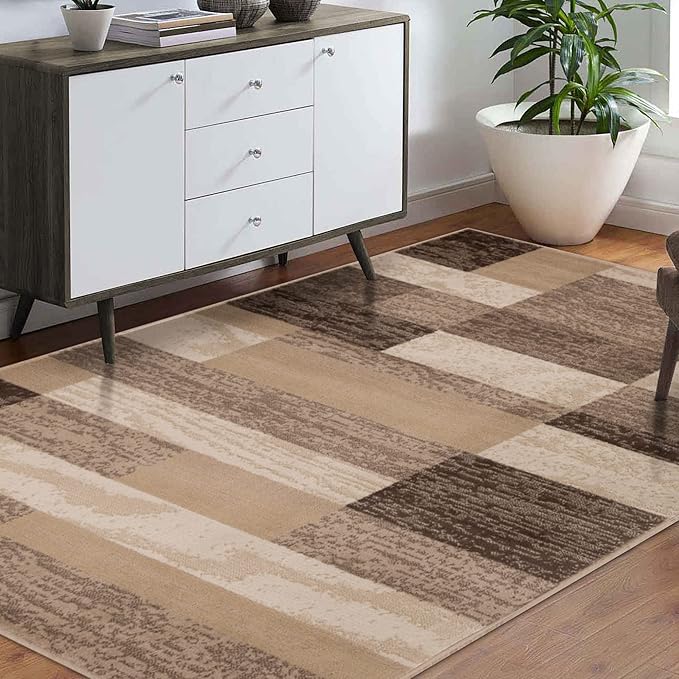 Superior Indoor Area Rug, Jute Backed, Modern Geometric Patchwork Floor Decor for Bedroom, Office, Living Room, Entryway, Hardwood Floors, Rockwood Collection, 8' x 10', Beige