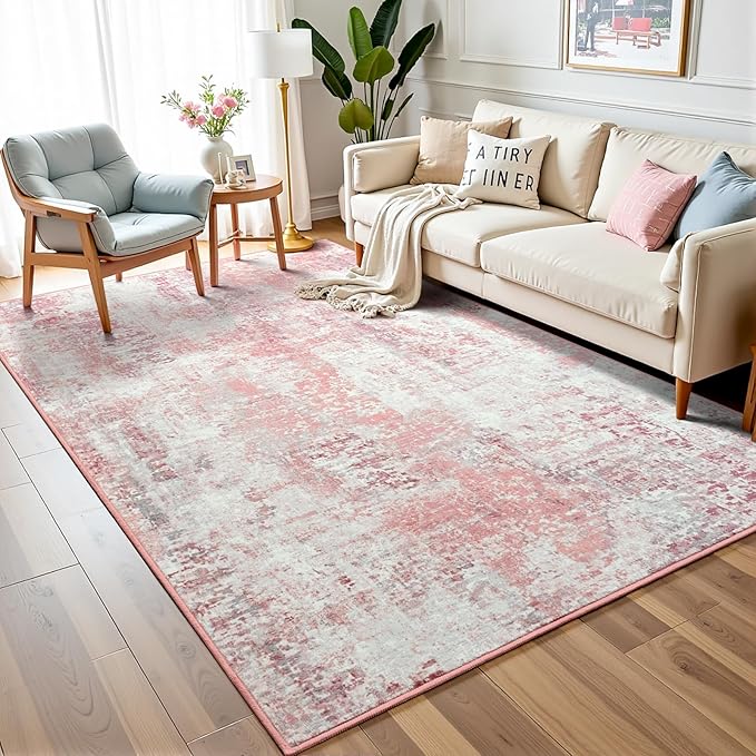 3x5 Pink Washable Area Rug for Living Room Bedroom, Modern Abstract Non-Slip Rugs, Low Pile Soft Stain Resistant Carpet for Dining Room, Kitchen, Office, Dorm, Bedside Decor