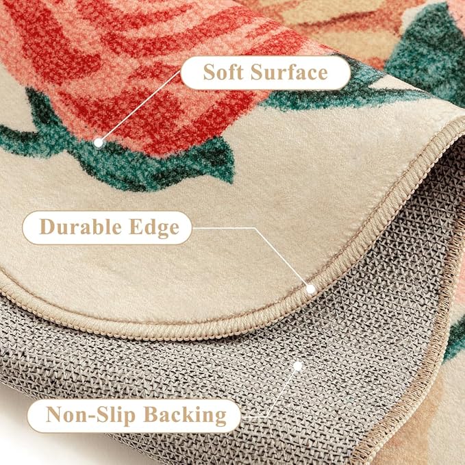 Washable Floral Runner Rug 2x8 Beige Hallway Carpet Scalloped Flower Non Slip Soft Long Kitchen Runner Farmhouse Low Pile Thin Indoor Floor Cover for Bathroom Bedroom Laundry Room Entryway