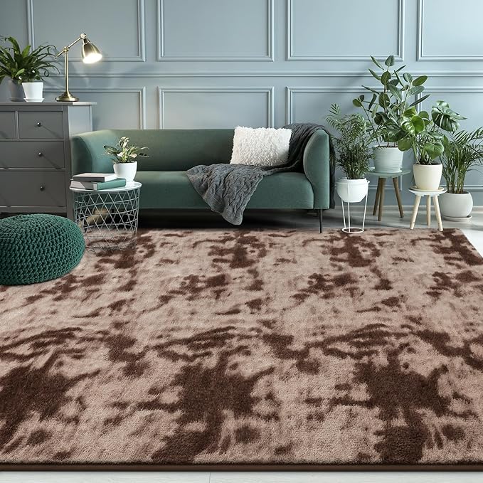 FlyDOIT Large Area Rugs for Living Room Bedroom, 4x6 Ft Tie-Dyed Brown Ultra Soft Comfy Thickened Memory-Foam Indoor Carpets, Cozy Modern Floor Rug for Boys Girls Playroom Dorm Nursery Home Décor