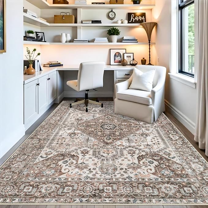 Washable 5x7 Living Room Rug: Oriental Non-Slip Area Rugs for Bedroom Non Shedding Accent Farmhouse Dining Room Carpet Soft Low Pile Mat for Nursery Room Home Office 5x7 Brown