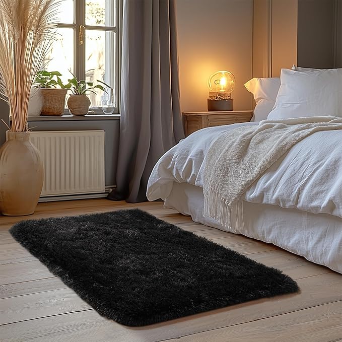 Zentavio Bedside Rugs Small 2x3 Shag Entry Entrance Rugs Soft Bedroom Carpet Area Rugs for Dorm College Essentials Non-Slip Living Room Throw Rug Home Decor Aesthetic Nursery Black
