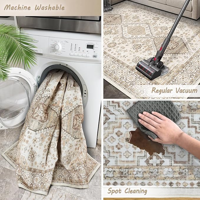Washable Vintage Area Rug 7x9 Boho Chic Medallion Distressed Design Non-Shedding Easy Care Ideal for High Traffic Areas in Living Room Bedroom Kitchen Office Large Carpet (Beige/Cream, 7X9)