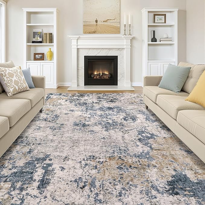 Area Rugs for Living Room: 9x12 Abstract Washable Rug Large Soft Stain Resistant Non-Slip Backing for Bedroom Dining Room Indoor Home Office Carpet for Kids Pet Friendly Families - Blue Brown