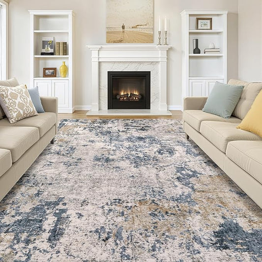Area Rugs for Living Room: 9x12 Abstract Washable Rug Large Soft Stain Resistant Non-Slip Backing for Bedroom Dining Room Indoor Home Office Carpet for Kids Pet Friendly Families - Blue Brown