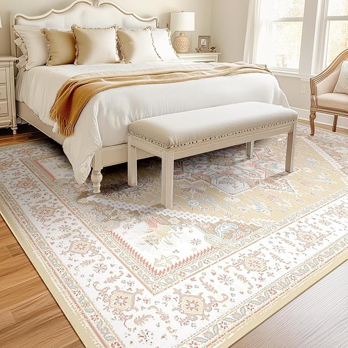 BESTSWEETIE 5x7 Area Rugs for Living Room Washable Non Slip Carpet Low Pile Soft Vintage Print Pattern Rug for Bedroom Dining Room Kitchen Entryway Indoor-Cream/Light Yellow/Brown/Blue/Red/Pink